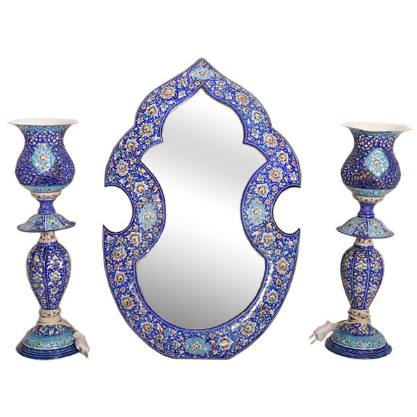 Ensemble miroir et bougeoirs en cuivre persan – Design Minakari
