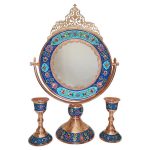 Ensemble miroir et bougeoirs en cuivre persan – Turquoise incrustée