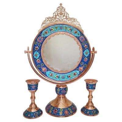 Ensemble miroir et bougeoirs en cuivre persan – Turquoise incrustée