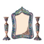 Ensemble miroir et bougeoirs en cuivre persan – Minakari