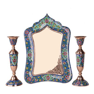 Ensemble miroir et bougeoirs en cuivre persan – Minakari