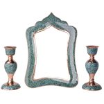 Ensemble miroir et bougeoirs en cuivre persan – Incrustation de turquoise