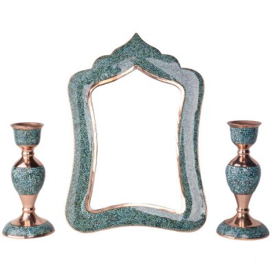 Ensemble miroir et bougeoirs en cuivre persan – Incrustation de turquoise