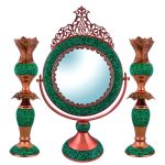 Ensemble miroir et bougeoirs en cuivre persan – Turquoise incrustée