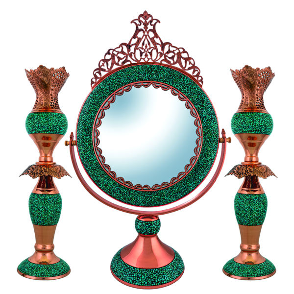 Ensemble miroir et bougeoirs en cuivre persan – Turquoise incrustée
