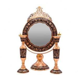Ensemble miroir et bougeoirs gravés en cuivre persan – Ghalamzani