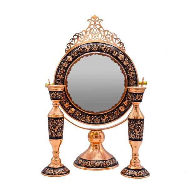 Ensemble miroir et bougeoirs gravés en cuivre persan – Ghalamzani