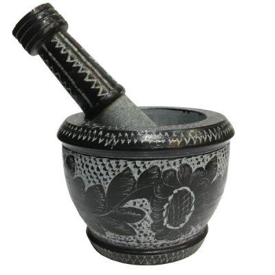 Mortier et Pilon en Pierre avec Motif Floral Persan Traditionnel Golsang