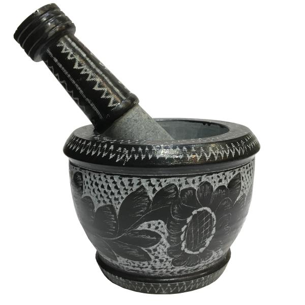 Mortier et Pilon en Pierre avec Motif Floral Persan Traditionnel Golsang
