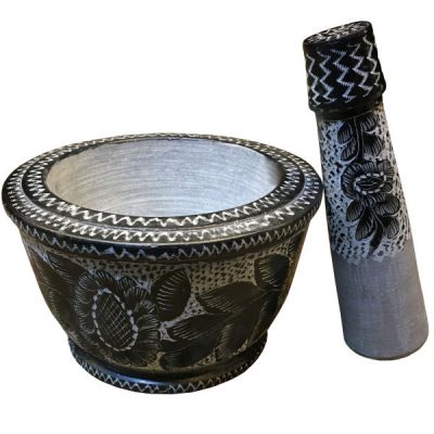 Mortier et Pilon en Pierre avec Motif Floral Persan Traditionnel Siaghalam