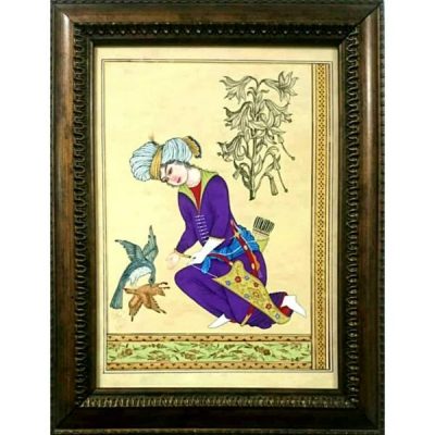 Peinture d’art safavide persan originale : Aquarelle et gouache sur carton – Hommes
