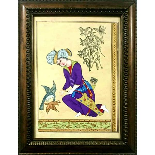 Peinture d'art safavide persan originale : Aquarelle et gouache sur carton – Hommes