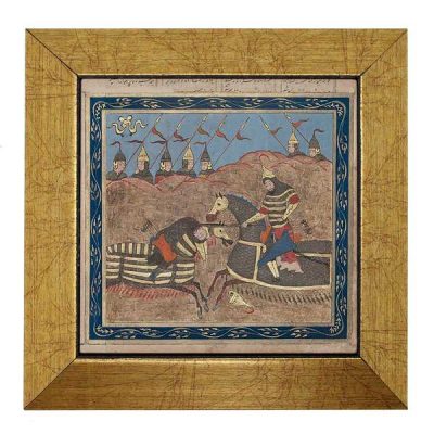 Carreau persan décoratif encadré – Shahnameh inspiré : Combat