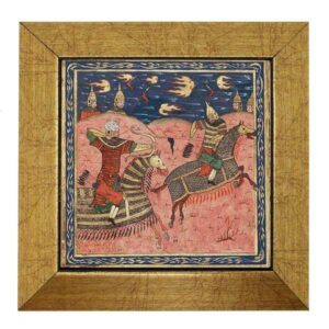 Carreau persan décoratif encadré – Shahnameh inspiré : Chevaux