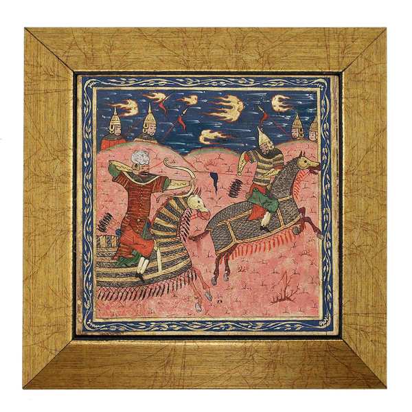Carreau persan décoratif encadré - Shahnameh inspiré : Chevaux