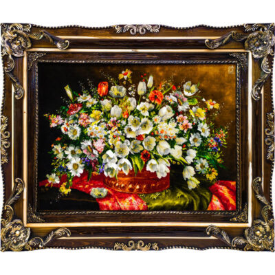 Tapis persan figuratif noué à la main de Tabriz représentant des fleurs