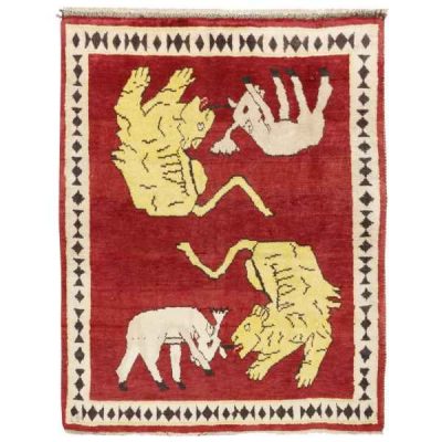 Tapis Gabbeh en laine persane tissé à la main avec motifs animaliers