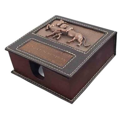 Porte-papier pour mémos de bureau en bois et cuir Modèle Lions Achaemenides