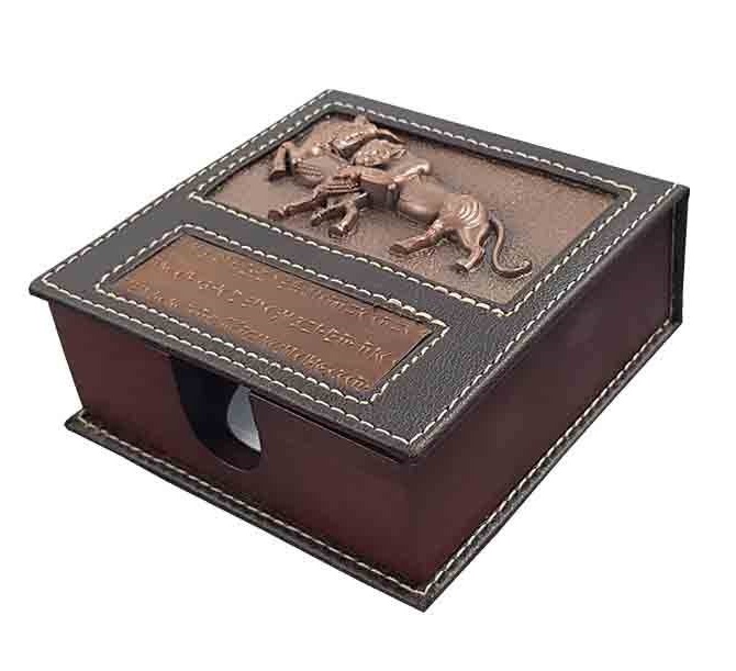 Porte-papier pour mémos de bureau en bois et cuir Modèle Lions Achaemenides