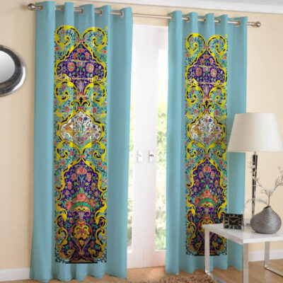 Rideau Œillets Persan en Velours Imprimé – Couleur Turquoise