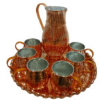 Tasse persane en cuivre – Ensemble de 8 fabriquées à la main avec anse pour boissons froides – Martelées avec pichet