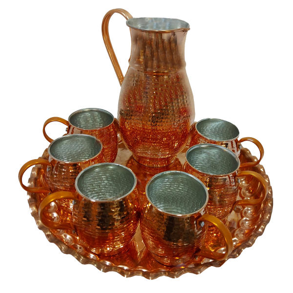 Tasse persane en cuivre - Ensemble de 8 fabriquées à la main avec anse pour boissons froides - Martelées avec pichet