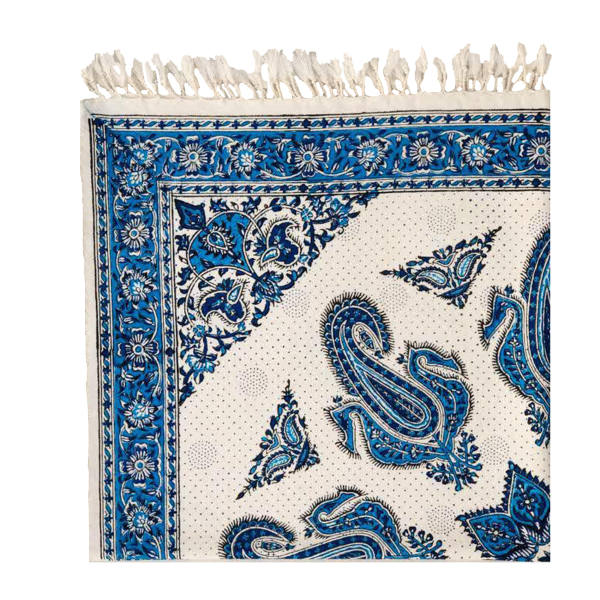 Nappe Iranienne : Impression Traditionnelle Kalamkari d'Isfahan Bloc Ciel Bleu