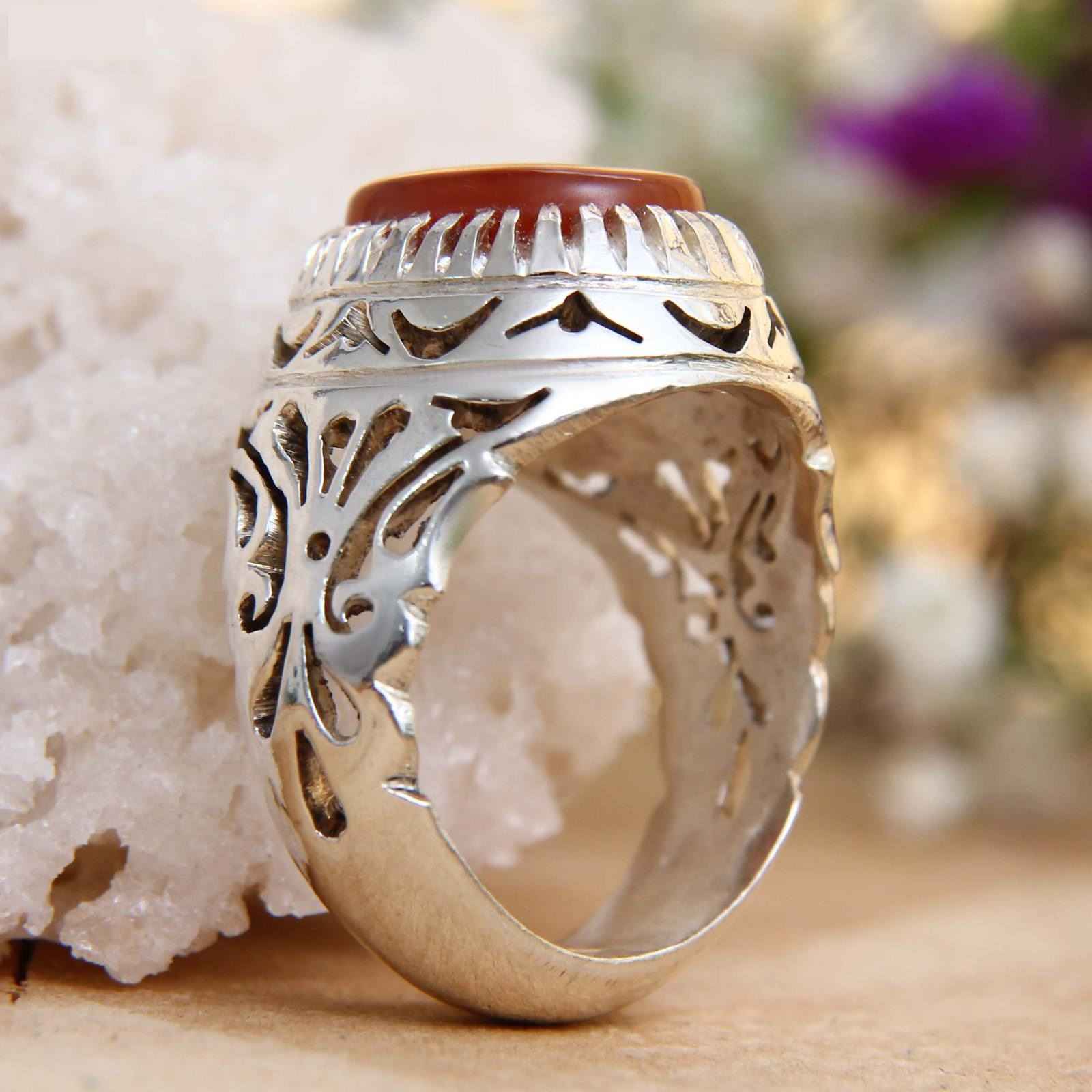 Bague en argent Aqeeq yéménite persane pour hommes - Rouge brillant