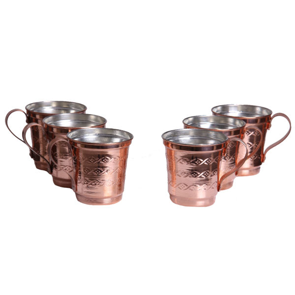 Tasse persane en cuivre - Ensemble de 6 fabriquées à la main avec anse pour boissons froides - Martelées Ava