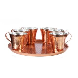 Tasse persane en cuivre – Ensemble de 7 fabriquées à la main avec anse pour boissons froides – Martelées Soleil