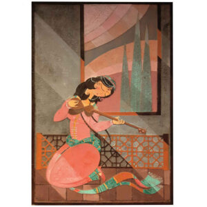 Peinture abstraite persane originale – Aquarelle sur bois, fille musicienne avec setar