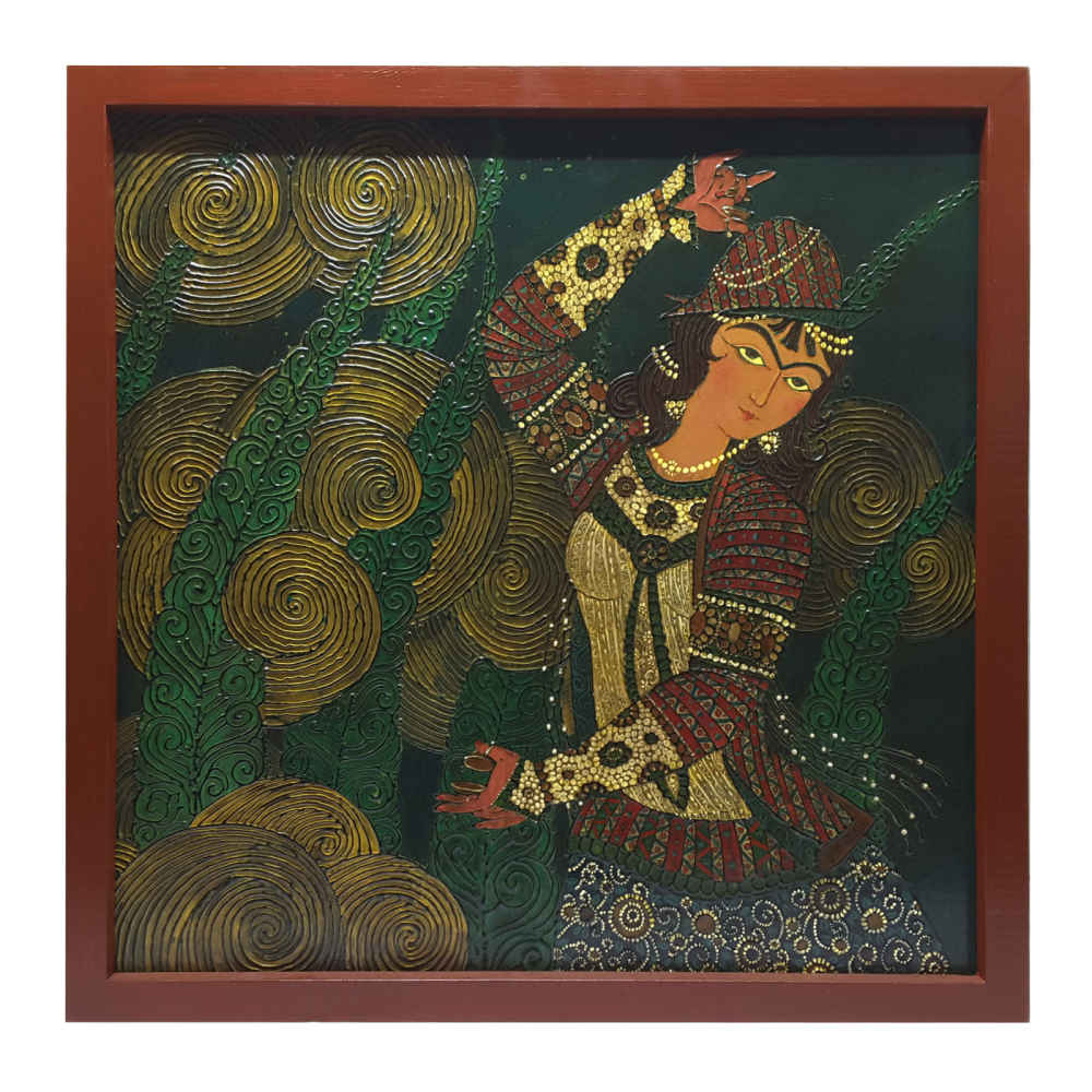 Peinture d'art qajar persan originale : Aquarelle et gouache sur bois – Fille