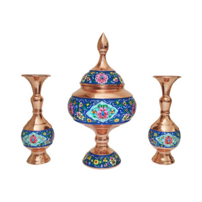 Sucrier persan artisanal en cuivre avec couvercle et vases – Émail Minakari Lotus