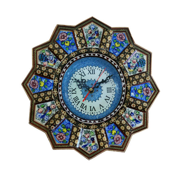 Horloge murale en bois persane artisanale - Art du marqueterie Khatam, Darya