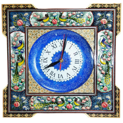 Horloge murale en bois persane artisanale – Art du marqueterie Khatam, Carré