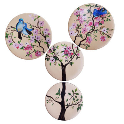 Plaque en céramique décorative peinte à la main Arbre & Oiseaux (4X)