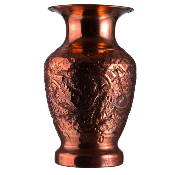 Vase décoratif en cuivre persan gravé fait main avec design fleurs & oiseaux