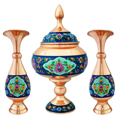 Sucrier persan artisanal en cuivre avec couvercle et vases – Émail Minakari Fleur