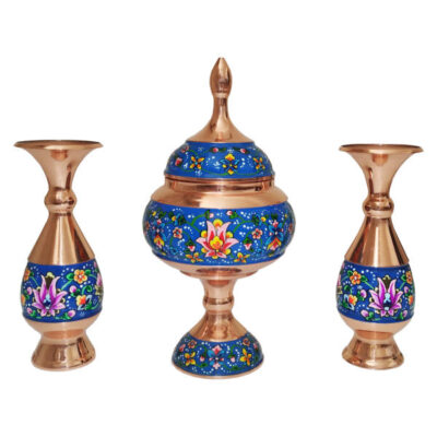 Sucrier persan artisanal en cuivre avec couvercle et vases – Émail Minakari Artistique