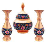 Sucrier persan artisanal en cuivre avec couvercle et vases – Émail Minakari