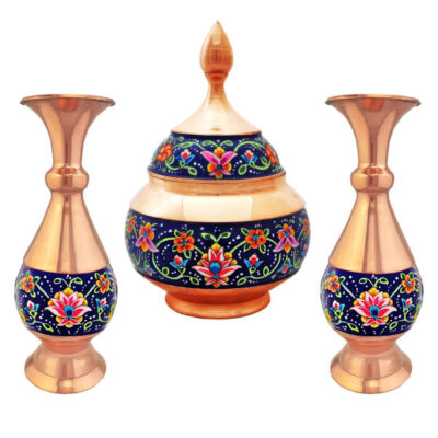 Sucrier persan artisanal en cuivre avec couvercle et vases – Émail Minakari