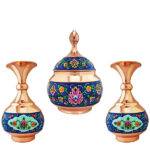Sucrier persan artisanal en cuivre avec couvercle et vases – Émail Minakari Pardaz