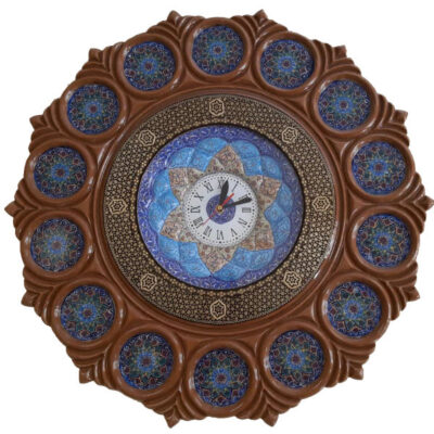 Horloge murale en bois persane artisanale – Minakari émaillée Bleu marine