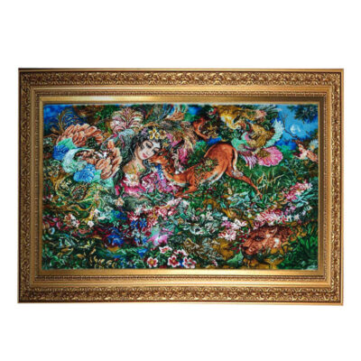 Tapis mural persan fait main de Tabriz représentant la miniature Existence