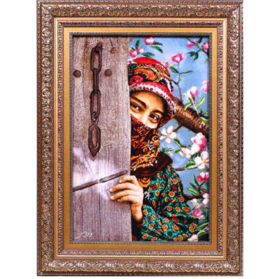 Tapis persan figuratif noué à la main de Tabriz représentant un visage