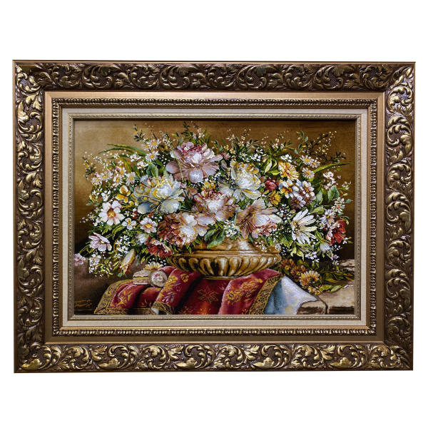 Tapis persan figuratif noué à la main de Tabriz représentant un vase de fleurs