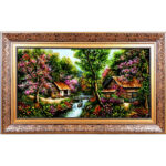 Tapis persan figuratif noué à la main de Tabriz représentant un paysage rural