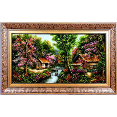 Tapis persan figuratif noué à la main de Tabriz représentant un paysage rural