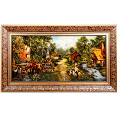 Tapis persan figuratif noué à la main de Tabriz représentant un paysage rural