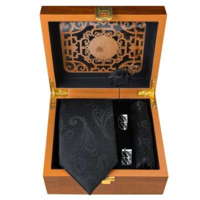 Ensemble Cravate, Pochette & Boutons de Manchette pour Homme – Noir II de Luxe
